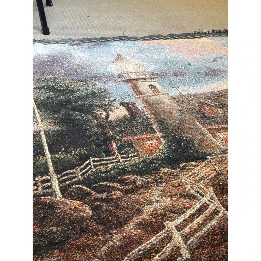 Thomas Kinkade Lighthouse Woven Throw Blanket‎ Tapestry 40x59 Coastal Cottage